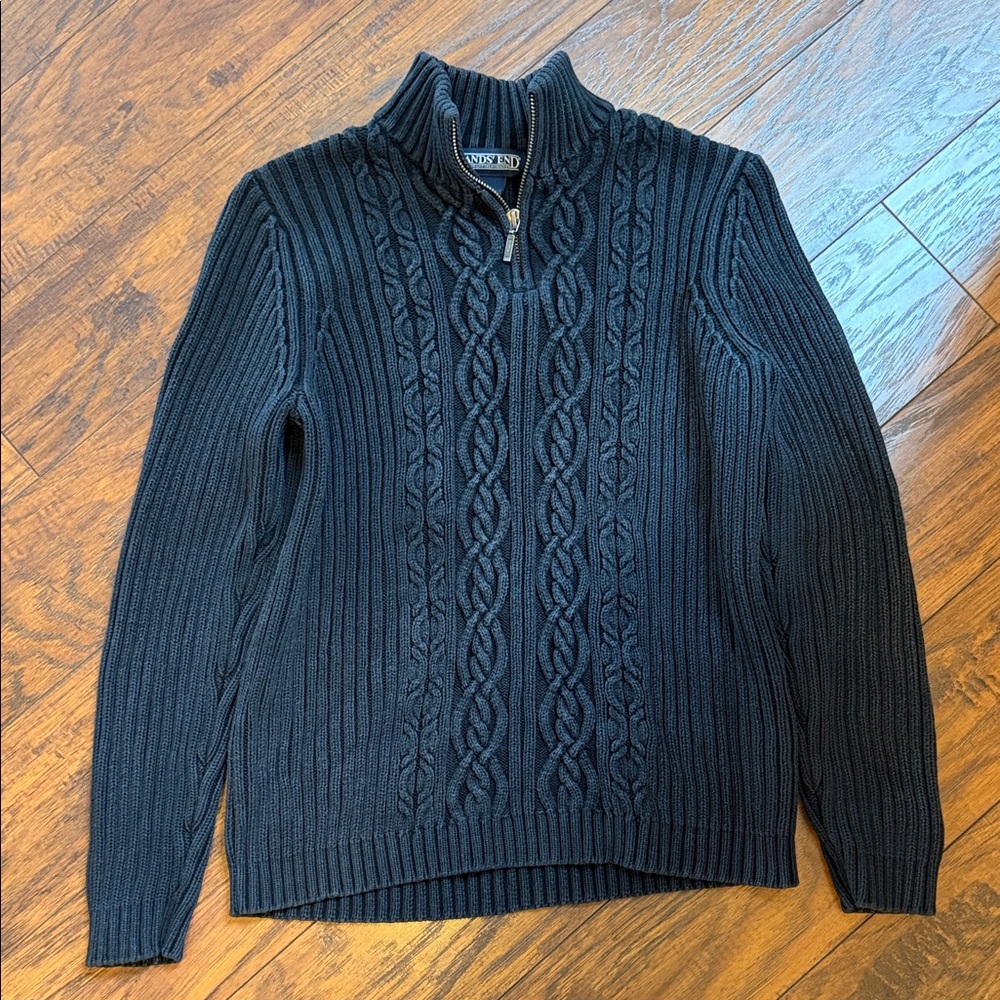 Land’s End Vintage Quarter Zip Cable-Knit Mockneck Sweater 100% Cotton Size Sp